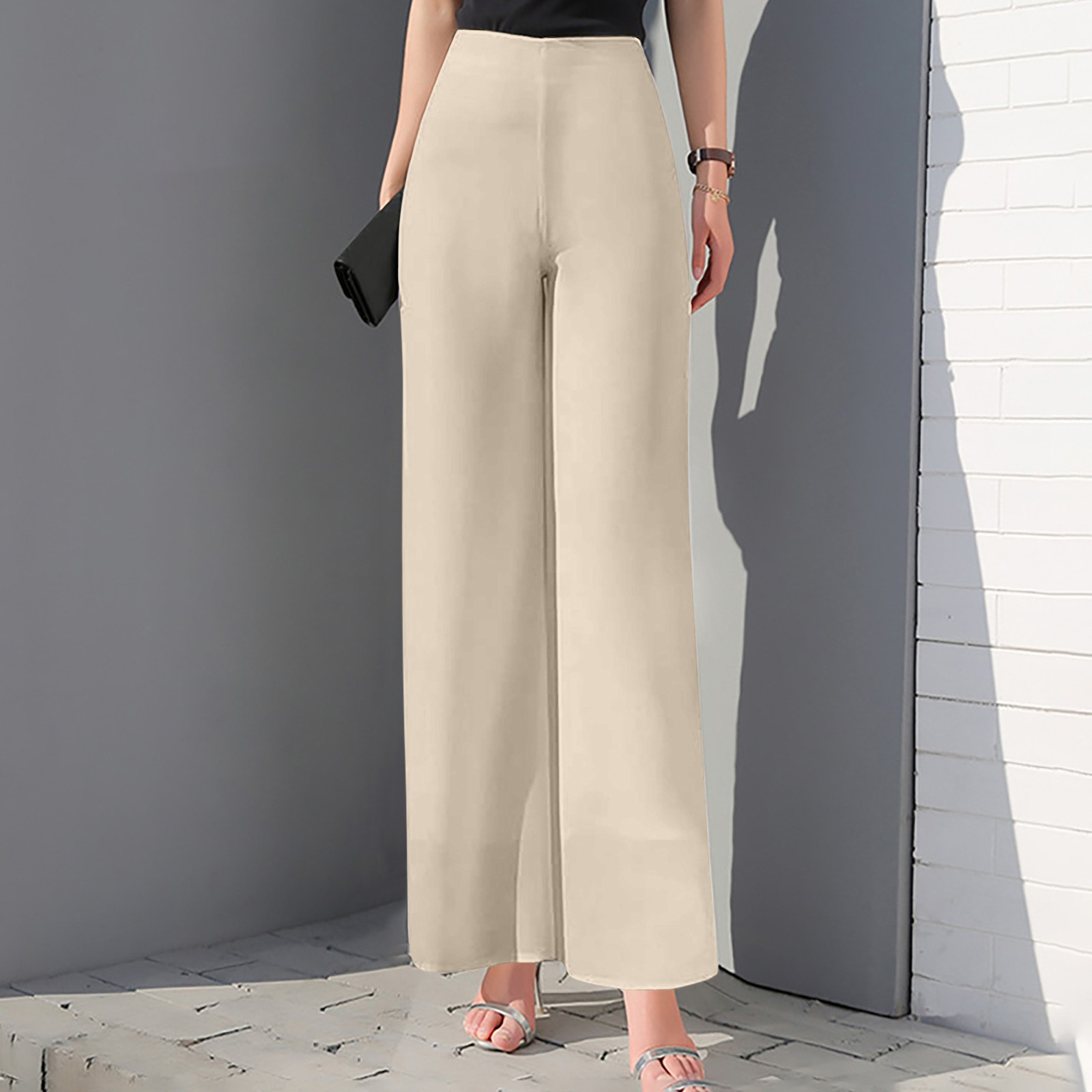 thumbnail image 2 of Pantalones acampanados de gasa de cintura alta para mujer: parte trasera elástica, cremallera lateral, tejido fluido, para bodas y cócteles, 2 of 7